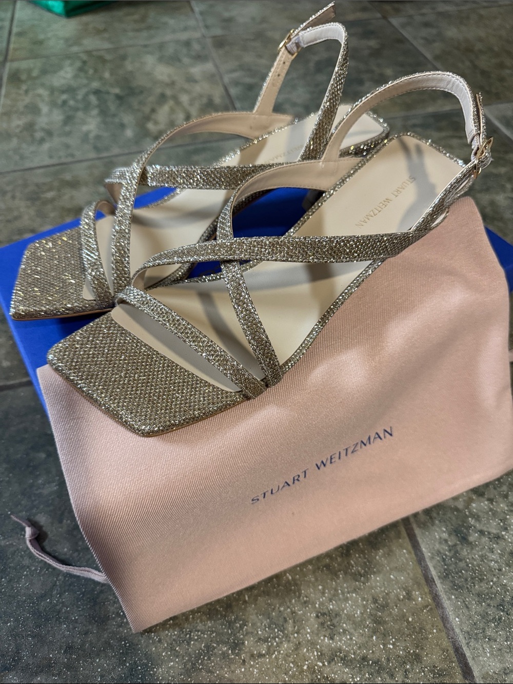 Stuart Weitzman Gold Glitter Strappy Sling Sandals